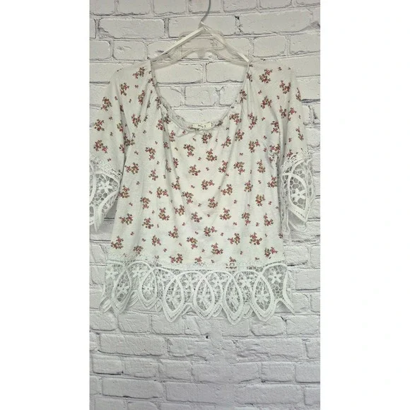 Love J Cottagecore Floral Lace Trim Fairy Peasant Top Medium Romantic Boho - Picture 2 of 11